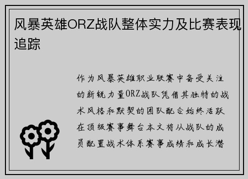 风暴英雄ORZ战队整体实力及比赛表现追踪