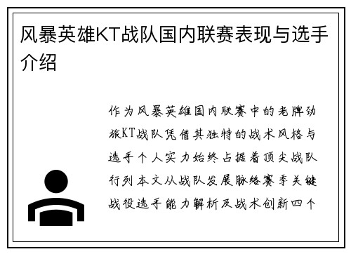 风暴英雄KT战队国内联赛表现与选手介绍