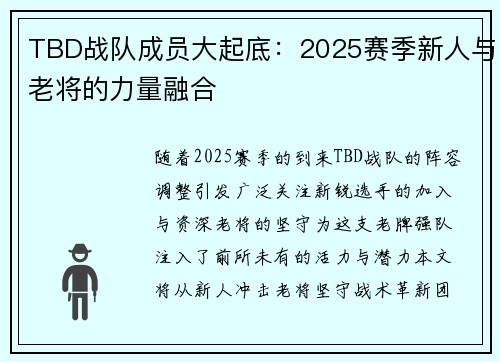 TBD战队成员大起底：2025赛季新人与老将的力量融合
